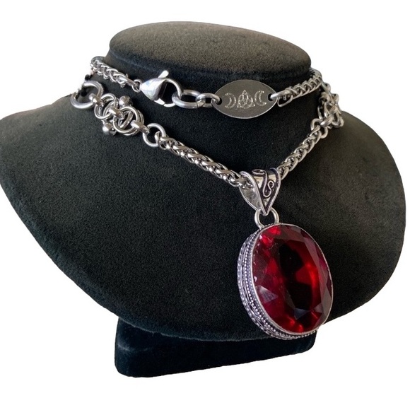 925 sterling silver overlay charm red garnet cz stone stainless steel necklace - Picture 15 of 16
